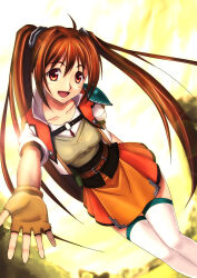1girl absurdres ahoge armor blush brown_gloves brown_hair chinese_commentary commentary_request dutch_angle eiyuu_densetsu estelle_bright feet_out_of_frame fingerless_gloves gloves grey_vest hair_intakes highres long_hair looking_at_viewer open_clothes open_mouth open_vest orange_eyes orange_skirt orange_vest pauldrons shirt short_sleeves shoulder_armor single_pauldron skirt smile solo sora_no_kiseki thighhighs vest white_shirt white_thighhighs yellow_background zhou_siwei
