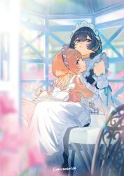 Rule 34 | 2girls, absurdres, apron, arm support, armpit crease, back bow, between fingers, black dress, blue hair, blurry, blurry background, blurry foreground, bow, chair, cigarette, closed mouth, comiket 104, commentary request, day, detached sleeves, double-parted bangs, dress, earrings, eyelashes, flower, frilled apron, frills, gazebo, hair between eyes, head on another&#039;s chest, highres, holding, holding cigarette, hz (helu 2), jewelry, lens flare, long dress, long sleeves, looking at viewer, looking back, maid, maid apron, maid headdress, medium hair, multiple girls, on table, original, outdoors, parted lips, pink dress, pink flower, pink hair, pouch, purple eyes, short hair, short sleeves, sideways glance, sitting, sleeveless, sleeveless dress, smile, smoke, stud earrings, sunlight, table, turning head, white apron, white bow, white sleeves, yuri