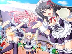 2boys 5girls ass ayatsuki_riri black_hair blonde_hair blush breasts cleavage clothes_lift drill_hair embarrassed ero_smash closed_eyes frills futakoto_jizaburou game_cg himori_sakurako large_breasts long_hair maid maid_cafe multiple_boys multiple_girls nagase_shione panties pink_hair purple_eyes saeki_hokuto skirt skirt_lift small_breasts tawaramaki_ui twintails underwear very_long_hair