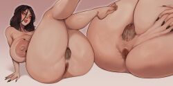 1girl absurdres ass barefoot black_hair black_nails black_pubic_hair breasts completely_nude dark_anus female_pubic_hair highres huge_ass huge_breasts large_areolae legs_up looking_at_viewer lying mahmapuu multiple_views nipples nude on_back orange_eyes parted_lips pubic_hair pussy serana soles spread_ass the_elder_scrolls the_elder_scrolls_v:_skyrim