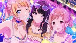 Rule 34 | 3girls, beach chair, beach umbrella, black hair, blonde hair, blue eyes, breasts, brown eyes, brown hair, building, cleavage, earrings, game cg, grey eyes, grin, hachimiya meguru, idolmaster, idolmaster shiny colors, idolmaster shiny colors song for prism, illumination stars (idolmaster), jewelry, kazano hiori, low twintails, multiple girls, necklace, necktie, official art, one eye closed, open mouth, ponytail, pool, sakuragi mano, smile, sunglasses on head, swimsuit, twintails, umbrella, v