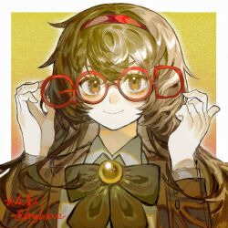 1girl bngb_love border bow brown_bow brown_coat brown_eyes brown_hair coat collared_shirt gem hairband highres library_of_ruina long_hair long_sleeves looking_at_viewer malkuth_(project_moon) project_moon red-framed_eyewear red_hairband round_eyewear shirt simple_background smile solo upper_body white_border white_shirt yellow_background yellow_gemstone