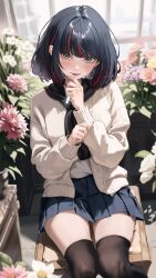 1girl black_hair black_scarf black_thighhighs blue_skirt blush bob_cut cardigan commentary_request commission copyright_request crystal crystal_necklace curled_fingers day feet_out_of_frame finger_to_own_chin floor flower flower_pot flower_request greenhouse grey_eyes hands_up highres holding holding_jewelry holding_necklace indoors jewelry junkichi_gbf light_particles looking_at_viewer medium_hair miniskirt multicolored_hair necklace open_cardigan open_clothes over-kneehighs parted_lips pink_flower pleated_skirt purple_flower raised_eyebrows red_hair scarf sitting skeb_commission skirt three-quarter_sleeves solo streaked_hair thighhighs thighs tile_floor tiles two-tone_hair white_cardigan white_flower window zettai_ryouiki