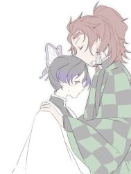 Rule 34 | belt, blue butterfly, bug, butterfly, butterfly on hand, checkered clothes, checkered haori, cosplay, demon slayer uniform, earrings, flower, gradient hair, hanafuda, hanafuda earrings, haori, highres, insect, japanese clothes, jewelry, kamado tanjirou, katana, kimetsu gakuen, kimetsu no yaiba, kissing hair, kochou shinobu, kochou shinobu (cosplay), long hair, multicolored hair, purple butterfly, scar, scar on face, scar on forehead, slpdtt, sword, updo, weapon, white belt, wisteria
