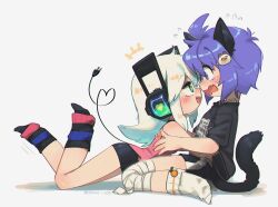 +++ 2girls :d ahoge animal_ears artist_name bandaged_leg bandages bandaid bandaid_on_finger black_shirt blush borrowed_character cat_ears cat_hair_ornament cat_tail commentary dated digitan_(porforever) electric_plug electric_plug_tail english_commentary eye_contact face-to-face fang feet_up flustered flying_sweatdrops green_eyes hair_ornament heart heart_tail highres leg_warmers long_hair looking_at_another making-of_available multiple_girls open_mouth original pink_shirt porforever purple_eyes purple_hair robot_ears shirt short_hair short_sleeves simple_background sleeveless sleeveless_shirt smile socks star-shaped_pupils star_(symbol) symbol-shaped_pupils t-shirt tail wavy_mouth white_background white_hair white_socks yuri