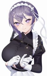 1girl absurdres alternate_costume azur_lane bellona_(armed_to_clean)_(azur_lane) bellona_(azur_lane) closed_mouth enmaided gloves hair_between_eyes hair_ribbon highres juliet_sleeves long_sleeves looking_at_viewer maid maid_headdress official_alternate_costume puffy_sleeves purple_eyes purple_hair ribbon seele0907 short_hair simple_background smile solo upper_body white_background white_gloves white_ribbon