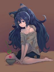 1girl absurdres arm_support bad_anatomy bad_feet bad_hands bare_shoulders barefoot beggar between_legs blue_bow blue_eyes blue_hair blue_nails blue_skirt bow bowl brown_background closed_mouth collarbone commentary_request damaged eyelashes grey_hoodie hair_bow half-closed_eyes hand_between_legs highres hood hood_down hoodie kaden_(muxt8423) like_and_retweet long_hair looking_at_viewer nail_polish off_shoulder short_sleeves sidelocks sitting skirt smirk solo touhou twitter v_arms wariza yorigami_shion