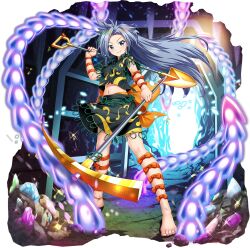 Rule 34 | 1girl, arm ribbon, barefoot, blue eyes, bow, breasts, cave, closed mouth, collared shirt, crystal, danmaku, full body, game cg, gold, green shirt, green skirt, grey hair, happy, highres, himemushi momoyo, holding, holding pickaxe, holding shovel, jewelry, long hair, looking at viewer, messy hair, midriff, multiple rings, navel, necklace, official art, orange bow, orange ribbon, patterned clothing, pickaxe, ribbon, ring, rotte (1109), shirt, short sleeves, shovel, skirt, skirt set, small breasts, smile, solo, third-party source, toes, touhou, touhou lostword, transparent background, very long hair