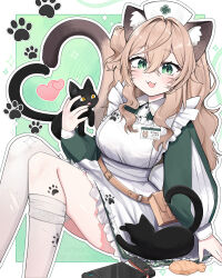 Rule 34 | 1girl, :3, animal ears, apron, black cat, blonde hair, cat, cat ears, cat girl, cat tail, cat teaser, daemo72, dress, green dress, green eyes, hat, heart, highres, indie virtual youtuber, long hair, nimi nightmare, nintendo switch, nurse cap, open mouth, paw print, single thighhigh, solo, tail, thighhighs, virtual youtuber, white apron, white thighhighs
