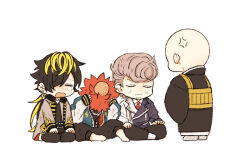 4boys :/ aimono_jyushi amaguni_hitoya anger_vein bad_ass_temple bald beard_stubble belt black_hair black_jacket black_kimono black_pants blonde_hair blue_jacket cai_(color) chain chain_necklace chibi chibi_only closed_eyes collared_shirt contrast_collar dirty dot_nose ear_piercing facial_hair father_and_son full_body furrowed_brow gold_trim grey_hair grey_jacket hair_over_one_eye hands_on_own_head hands_on_own_knees harai_kuko harai_shakku head_bump hunched_over hypnosis_mic indian_style jacket japanese_clothes jewelry juban kesa kimono lapels leather leather_jacket light_blush long_hair long_sleeves low_ponytail male_focus mole mole_under_eye multicolored_hair multicolored_jacket multiple_belts multiple_boys multiple_piercings necklace necktie no_shoes notched_lapels open_clothes open_jacket open_mouth pants parted_bangs peanut_mouth piercing pompadour ponytail raised_inner_eyebrows red_hair red_necktie scolding seiza shirt short_hair sitting spiked_hair standing streaked_hair stubble studded_belt sukajan sweatdrop two-tone_jacket u_u v-shaped_eyebrows white_jacket white_shirt