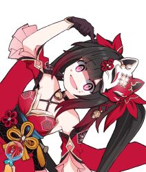 @_@ armpits bell black_hair brown_hair commentary english_commentary fox_mask gradient_hair head_tilt highres honkai:_star_rail honkai_(series) japanese_clothes kimono looking_at_viewer mark_under_eye mask mask_on_head multicolored_hair neck_bell open_mouth pink_eyes red_hair red_kimono simple_background smile sparkle_(honkai:_star_rail) twintails upper_body white_background xtacy