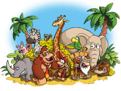 3boys banana barrel beard bird brown_fur cranky_kong diddy_kong donkey_kong donkey_kong_(series) donkey_kong_country_returns elephant facial_hair food fruit furry furry_male giraffe hat juliusaurus multiple_boys necktie nintendo palm_tree parrot pig rambi red_hat red_necktie squawks squirrel tree tutorial_pig zebra