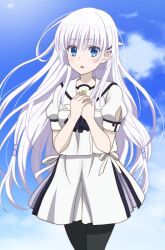Rule 34 | 1girl, black pantyhose, blue eyes, blue sky, cloud, hair ornament, hairpin, long hair, looking at viewer, naruse shiroha, onomekaman, open mouth, pantyhose, shirt, skirt, sky, solo, summer pockets, very long hair, white hair, white shirt, white skirt