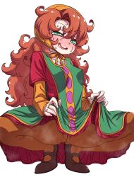 1girl blush clothes_lift curly_hair dragon_quest dragon_quest_vii dress full_body green_eyes hanya_(hanya_yashiki) highres hood jewelry long_hair looking_at_viewer maribel_(dq7) open_mouth orange_pantyhose pantyhose ring simple_background skirt skirt_lift smile solo spread_legs squatting white_background