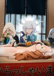4girls alcohol bamboo_cup banknote convenient_censoring cup food glasses hair_bun highres holding holding_cup holding_money japanese_clothes leaf light_rays money multiple_girls nyotaimori original praying pupi_(rain_prophet) rapier-chan_(centurii) single_hair_bun smile steam steaming_body sushi