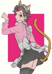 1girl animal_ears apron black_skirt black_thighhighs blush brown_hair cat_ears cat_tail classicaloid hair_ornament hairclip hallch kemonomimi_mode long_sleeves otowa_kanae parted_lips paw_pose pink_shirt shirt skirt solo tail thighhighs white_apron