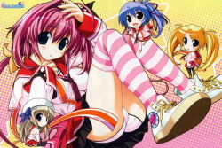 4girls ass blue_eyes blush blush_stickers chibi daikan&#039;yama_sumire hair_ribbon highres mitsumine_minato multiple_girls necktie nonomura_nino oshiki_hitoshi panties pink_hair ribbon school_uniform striped_clothes striped_legwear striped_thighhighs suzunone_seven takatori_yuzuri thighhighs underwear