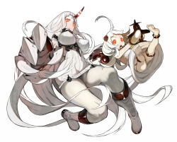 2girls abyssal_ship ahoge barefoot black_panties breasts bukurote claws colored_skin commentary_request detached_sleeves dress holding horns kantai_collection large_breasts long_hair mittens multiple_girls northern_ocean_princess open_mouth orange_eyes pale_skin panties seaport_princess side-tie_panties single_horn sleeveless sleeveless_dress underwear very_long_hair white_dress white_hair white_skin
