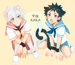 Rule 34 | 2boys, aged down, animal ears, black hair, cat boy, cat ears, cat tail, full body, grey hair, hatake kakashi, male focus, multiple boys, naruto (series), naruto shippuuden, open mouth, shoes, short hair, short sleeves, shorts, sitting, socks, tail, uchiha obito, vosovic, wariza