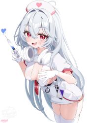 1girl absurdres azur_lane blush breasts center_opening elegant_(sumisumi4268) garter_straps gloves hat headphones headphones_around_neck highres holding holding_syringe id_card large_breasts long_hair looking_at_viewer nurse nurse_cap open_mouth red_eyes short_sleeves simple_background smile solo stethoscope stremitelny_(azur_lane) stremitelny_(nurse_on_the_night_shift)_(azur_lane) syringe thighhighs white_background white_garter_straps white_gloves white_hair white_thighhighs whiteboard