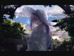 1girl alternate_costume atsuko_(blue_archive) blue_archive blurry blurry_background book cloud collarbone commission dappled_sunlight day depth_of_field dress fence frills hair_between_eyes halo hat highres holding holding_book letterboxed long_hair long_sleeves open_mouth outdoors photo_background ponytail purple_hair reading red_eyes satoh_vrc skeb_commission sky smile solo sun_hat sundress sunlight tree tree_shade upper_body white_dress wide_sleeves