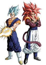 Rule 34 | 5yj9qhslw5jg7mg, abs, blue eyes, blue sash, body fur, dragon ball, dragon ball gt, dragon ball super, earrings, gogeta, highres, jewelry, long hair, looking at viewer, male focus, metamoran vest, monkey boy, monkey tail, multiple boys, muscular, muscular male, pants, pectorals, potara earrings, red fur, red hair, saiyan, sash, smile, spiked hair, super saiyan, super saiyan 4, super saiyan blue, tail, vegetto, white pants