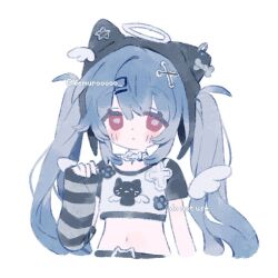 1girl animal_hat arm_warmers asymmetrical_sleeves blue_hair blush crop_top cropped_torso hair_between_eyes hair_ornament hairclip halo hand_up hat long_hair looking_at_viewer memuro midriff navel original red_eyes shirt short_sleeves solo striped_sleeves twintails twitter_username upper_body white_background wings