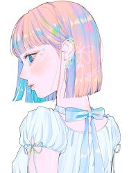 1girl 2025 blonde_hair blue_eyes blue_ribbon closed_mouth dress earrings flower_earrings highres jewelry looking_to_the_side original ribbon signature solo standing white_background white_dress yoshino_ganko