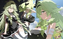 1girl absurdres bandaged_arm bandages black_bow black_dress black_hairband black_shoes bow bow_hairband braided_sidelocks breasts character_request cleavage commentary_request copyright_request crossed_bangs dress floating_hair frilled_dress frills green_bow green_eyes green_hair hair_between_eyes hair_bow hair_intakes hairband hand_on_own_head highres korean_commentary large_breasts long_hair multiple_views one_eye_closed open_mouth shoes sleeveless sleeveless_dress tanghulu_(bbbb1123112) thighhighs very_long_hair white_thighhighs