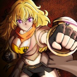 1girl bike_shorts blonde_hair breasts cleavage clenched_hand fingerless_gloves gloves large_breasts legs long_hair looking_at_viewer midriff navel outstretched_arm purple_eyes rwby scarf serious skirt solo thighs yang_xiao_long