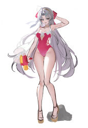 1girl absurdres ahoge arm_up bare_legs bare_shoulders blue_eyes bow breasts bubble99 carlotta_(wuthering_waves) casual_one-piece_swimsuit cleavage commentary_request cross-laced_clothes cross-laced_one-piece_swimsuit grey_hair hair_bow highleg highleg_one-piece_swimsuit highres holding holding_water_gun jewelry korean_commentary large_breasts legs long_hair looking_at_viewer necklace official_alternate_costume one-piece_swimsuit open_mouth parted_bangs pink_bow pink_one-piece_swimsuit sandals simple_background smile solo striped_bow swimsuit thighs unfinished very_long_hair water_gun white_background wuthering_waves