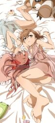 2girls asymmetrical_bangs bed_sheet blue_nightgown breasts brown_eyes brown_hair cake cake_slice cellphone commentary cup feet flip_phone food fork highres legs long_hair looking_at_viewer lying medium_hair misaka_mikoto multiple_girls nakmini nightgown on_side panties phone pink_nightgown pink_panties shirai_kuroko small_breasts smile stuffed_animal stuffed_toy teacup teddy_bear toaru_kagaku_no_railgun toaru_majutsu_no_index twintails underwear