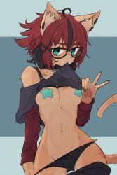 1girl aeiou_(yoako) ahoge animal_ear_piercing animal_ears aqua_eyes black-framed_eyewear black_choker black_hair black_nails blue_background body_fur borrowed_character bra bra_lift breasts brown_fur cat_ears cat_girl cat_tail choker clothes_in_mouth clothes_lift clothes_pull collarbone covered_erect_nipples cowboy_shot earclip earrings fingernails furry glasses groin hair_between_eyes hair_ornament highres jewelry lifting_own_clothes long_fingernails long_sleeves looking_at_viewer medium_breasts mouth_hold multicolored_hair navel off-shoulder_shirt off_shoulder original panties pants pants_pull panty_pull pasties pawpads pendant_choker power_symbol-shaped_pupils pulling_own_clothes red_hair ribs shirt shirt_in_mouth shirt_lift short_hair sidelocks sideways_glance simple_background single_earring solo star_(symbol) star_pasties streaked_hair symbol-shaped_pupils symbol_in_eye tail the_amboina underwear x_hair_ornament