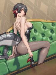 1girl :/ absurdres ass backless_leotard baishui bare_shoulders black_hair black_leotard breasts closed_mouth couch ear_piercing ellen_joe fins fish_tail high_heels highres holding holding_shoes indoors large_breasts leotard looking_at_viewer multicolored_hair pantyhose piercing red_eyes red_hair shark_girl shark_tail shoes short_hair sideboob sitting solo tail two-tone_hair unworn_shoes zenless_zone_zero