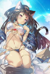 1girl :3 :p ancient_egyptian_clothes animal_ears arm_at_side armlet bare_shoulders black_hair blue_sky bracelet breasts bright_pupils cat_ears cat_tail cloud cloudy_sky dark-skinned_female dark_skin day dutch_angle female_focus hair_ornament jewelry long_hair medium_breasts midriff navel one_side_up original outdoors paw_pose pink_eyes pyramid_(structure) revealing_clothes saru seiza sitting sky slit_pupils solo tail tail_ornament thighlet tongue tongue_out