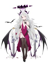 1girl absurdres ahoge black_halo black_thighhighs blue_archive blush breasts candle demon_girl demon_horns demon_wings fangfangtu flower full_body halo highres hina_(blue_archive) horns long_hair looking_at_viewer purple_eyes red_flower red_rose rose simple_background small_breasts solo standing thighhighs white_hair wings