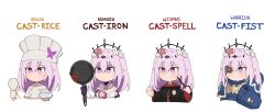 4girls adeptus_astartes armor artificial_eye blood bowl castorice_(honkai:_star_rail) chef_hat commentary english_commentary english_text flower frying_pan hair_flower hair_ornament harry_potter_(series) hat highres holding holding_wand honkai:_star_rail honkai_(series) multiple_girls multiple_persona pianobat power_armor power_fist pun purple_eyes purple_hair rice_bowl wand warhammer_40k wizarding_world