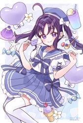 1girl ahoge balloon beret blue_background blue_hat blue_sailor_collar blue_skirt blush border bow candy feet_out_of_frame flower food hat heart_balloon highres hiiragi_syuu holding holding_food holding_popsicle ice_cream_cone kimi_to_idol_precure looking_at_viewer plate pleated_skirt popsicle precure pudding puffy_short_sleeves puffy_sleeves purple_eyes purple_hair sailor_collar shigure_kokoro shirt short_sleeves simple_background skirt smile solo spoon starfish striped_bow twintails watermark white_border white_bow white_flower white_shirt wrapped_candy