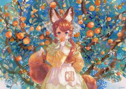 1girl animal_ear_fluff animal_ears apron arm_behind_back blue_eyes bonnet chin_strap commentary covering_own_mouth cowboy_shot dot_nose dress eyebrows_hidden_by_hair floral_print flower food fox_ears fox_girl fox_tail frilled_bonnet frills fruit grid_print hair_over_shoulder hand_up highres holding holding_food holding_fruit holding_orange jamu_(yakinikuoi4) long_hair long_sleeves looking_at_viewer low_twintails orange_(fruit) orange_hair orange_tree original parted_bangs puffy_long_sleeves puffy_sleeves puritan_collar sidelocks signature solo straight-on swept_bangs tail tree twintails twitter_username waist_apron white_apron white_flower yellow_dress