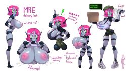 ! 1girl ass black_gloves box breast_expansion breasts character_name cleavage clothes_lift colored_skin dated delivery english_text fingerless_gloves gattles gigantic_breasts gloves green_eyes hat headgear huge_breasts joints mre_(gattles) multiple_views nipples original pink_hair robot robot_girl robot_joints short_hair shorts signature tank_top