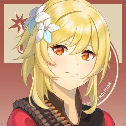 1girl acrylicstroke blonde_hair bullet bulletproof_vest closed_mouth commission commissioner_upload flower genshin_impact hair_flower hair_ornament highres looking_at_viewer lumine_(genshin_impact) medium_hair non-web_source orange_eyes red_shirt shirt solo team_fortress_2 upper_body white_flower