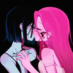 Rule 34 | 2girls, alien stage, black background, black camisole, black hair, blush, bob cut, camisole, closed eyes, commentary, cracked skin, english commentary, heart, highres, holding hands, kiss, long hair, mizi (alien stage), multiple girls, oracc liu, pink hair, short hair, spaghetti strap, sua (alien stage), white camisole, yuri