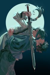 1boy 1other absurdres ahoge amenomurakumo-no-tsurugi_(fate) androgynous black_hair blood bloody_weapon blue_kimono bracelet braid braided_ponytail closed_eyes command_spell day_dream fate/grand_order fate/samurai_remnant fate_(series) floating_hair full_moon highres holding holding_sword holding_weapon japanese_clothes jewelry katana kimono miyamoto_iori_(fate) moon night orange_eyes sidelocks single_braid sword topknot weapon yamato_takeru_(fate)