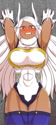 1girl absurdres against_wall animal_ears armpits arms_up bare_shoulders blush boku_no_hero_academia breasts corrupted_twitter_file covered_abs covered_collarbone crescent_print dark-skinned_female dark_skin fur_collar gloves gluteal_fold highleg highleg_leotard highres large_breasts leotard long_eyelashes long_hair looking_at_viewer mirko parted_bangs purple_thighhighs rabbit_ears rabbit_girl red_eyes sleeveless_turtleneck_leotard smallsoud solo sweat taut_leotard thick_thighs thigh_gap thighhighs thighs toned toned_female v-shaped_eyebrows very_long_hair white_gloves white_hair white_leotard