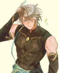 1boy abs alhaitham_(genshin_impact) antenna_hair black_gloves black_shirt blush cable chest_jewel closed_mouth commentary compression_shirt covered_abs covered_collarbone dadadabibadum elbow_gloves english_commentary gem genshin_impact gloves green_eyes green_gemstone grey_hair hair_between_eyes hand_on_own_head hand_up highres looking_at_viewer male_focus parted_bangs partially_fingerless_gloves pectorals shirt short_hair simple_background sleeveless sleeveless_shirt solo sparkle swept_bangs yellow_background