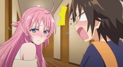 1boy 1girl ahoge animated animated_gif anime_screenshot apron blinking blue_eyes blush braid brown_hair hand_around_neck long_hair looking_at_another megami-ryou_no_ryoubo-kun nagumo_koushi open_mouth pink_hair saotome_atena shirt