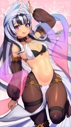1girl alternate_costume arabian_clothes black_choker black_hair breasts choker dancer feather_hair_ornament feathers fire_emblem fire_emblem_engage grey_hair hair_ornament harem_outfit highres long_hair looking_at_viewer multicolored_hair navel nintendo purple_eyes r123 small_breasts smile stirrup_legwear thigh_strap toeless_legwear two-tone_hair very_long_hair veyle_(fire_emblem) wavy_hair