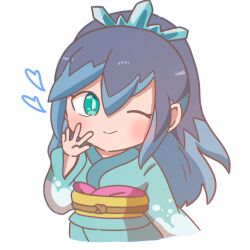 1girl absurdres blue_eyes blue_hair blue_kimono fubukihime heart highres japanese_clothes kimono light_smile long_hair looking_at_viewer one_eye_closed simple_background solo suzu_youkai teeth upper_teeth_only white_background youkai_(youkai_watch) youkai_watch