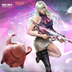 1girl asymmetrical_footwear black_thighhighs blonde_hair call_of_duty call_of_duty:_mobile copyright_logo copyright_notice elizabeth_liones gun hair_over_one_eye hawk_(nanatsu_no_taizai) holding holding_gun holding_weapon jewelry long_hair looking_at_viewer nanatsu_no_taizai official_art pig promotional_art realistic single_thighhigh skirt straight_hair tagme thighhighs weapon