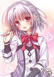 1boy :d asuka_minato blush bow braid commentary_request eyes_visible_through_hair fujikura_ryuune grey_hair hair_between_eyes hand_up happy long_sleeves looking_at_viewer male_focus medium_hair multicolored_background open_mouth otome_domain red_bow red_eyes school_uniform shirt signature simple_background single_braid single_hair_intake sketch sleeves_past_wrists smile solo trap upper_body white_shirt